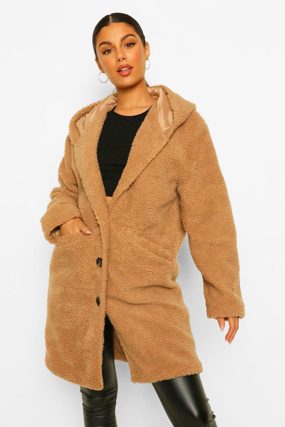 teddy faux fur jacket with hood