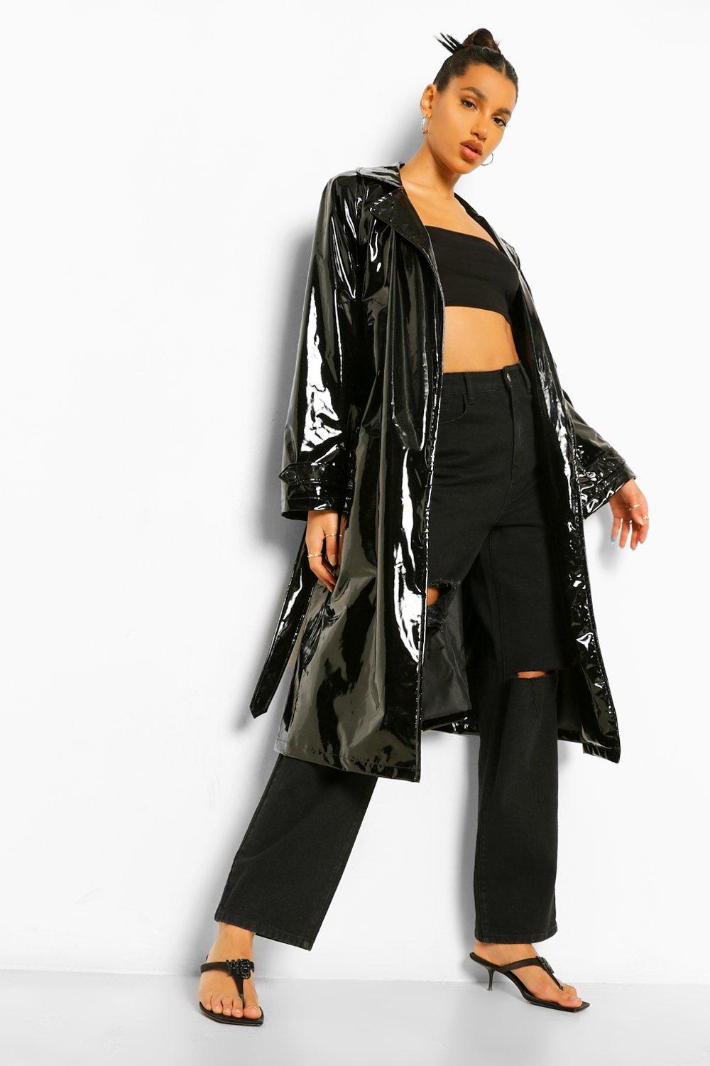 Womens black cheap vinyl trench coat