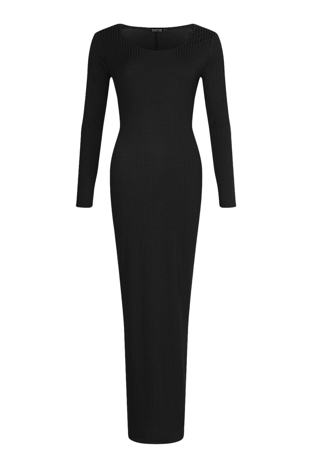 Long Sleeve Ribbed Maxi Dress Black