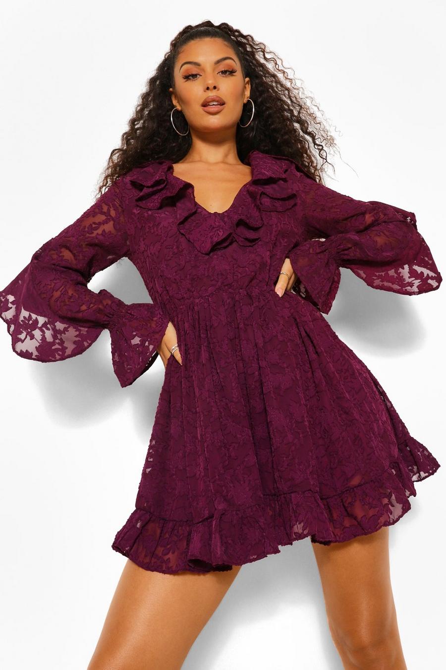 Berry Lace Ruffle Detail Skater Dress image number 1