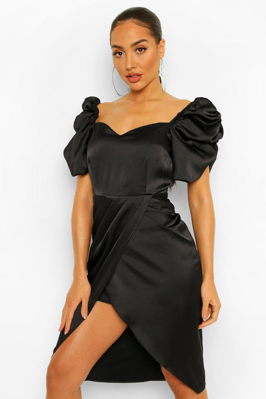 Black Satin Puff Sleeve Wrap Midi Dress image number 1