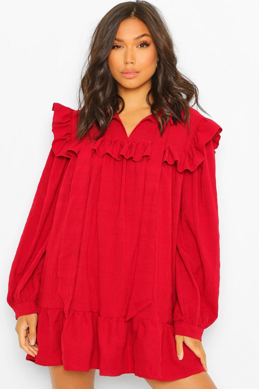 Berry red Ruffle Detail Pussybow Smock Dress image number 1