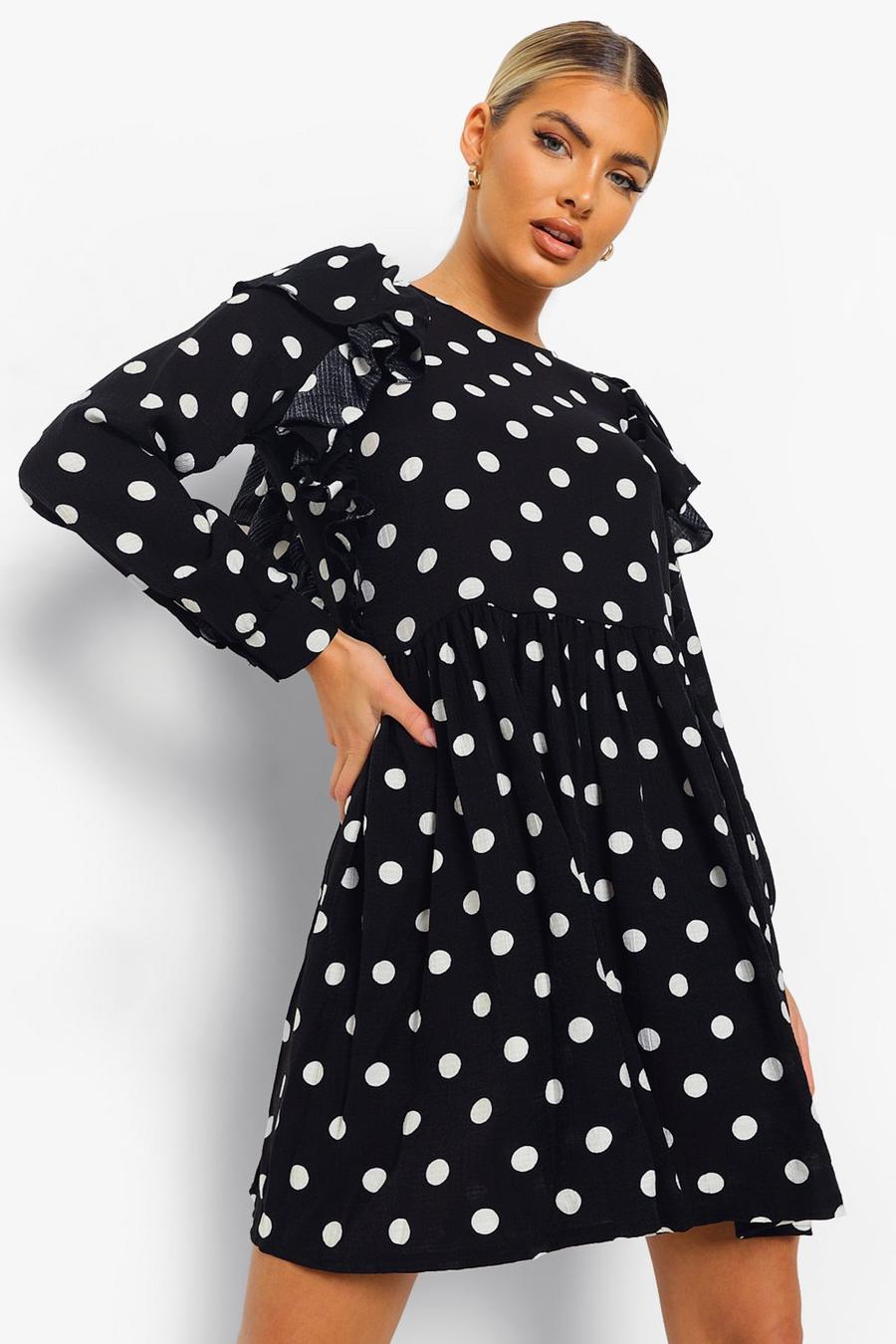 Black Polka Dot Frill Sleeve Skater Dress image number 1