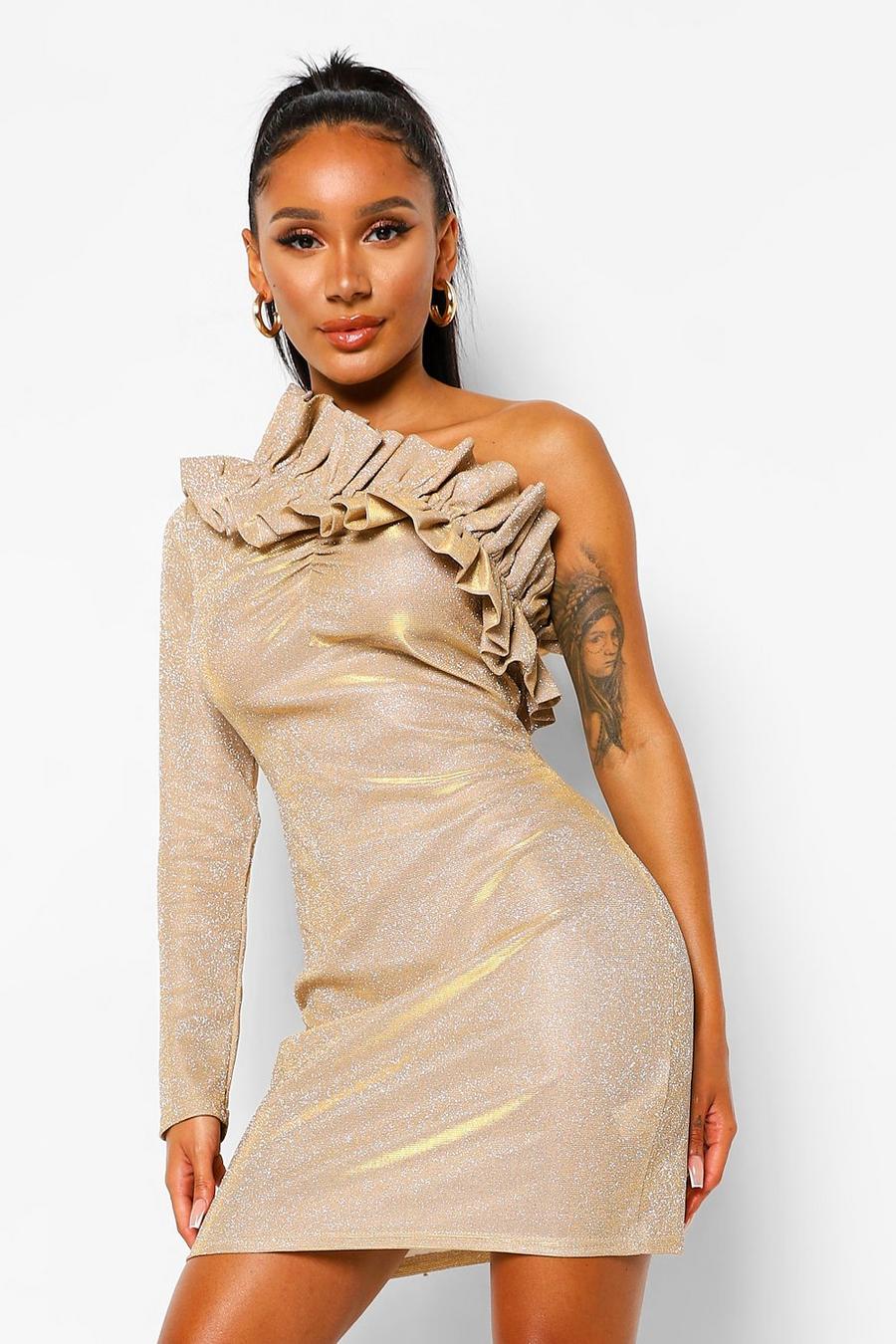 Glitzerndes, asymmetrisches Mini-Kleid mit Rüschen, Gold image number 1