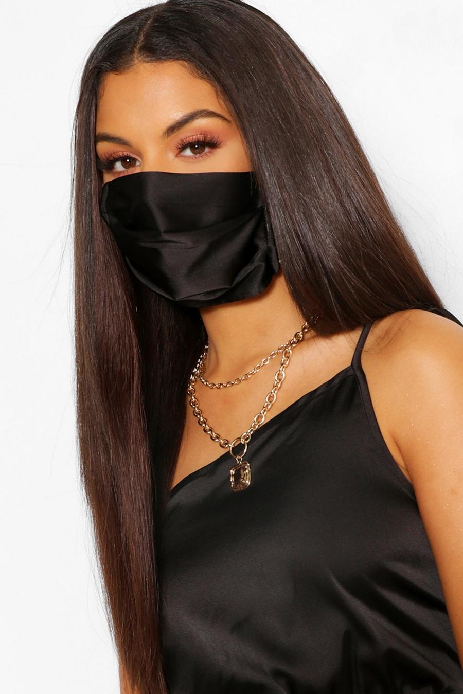 Satin Pleated Adjustable Fashion Face Mask, Black image number 1
