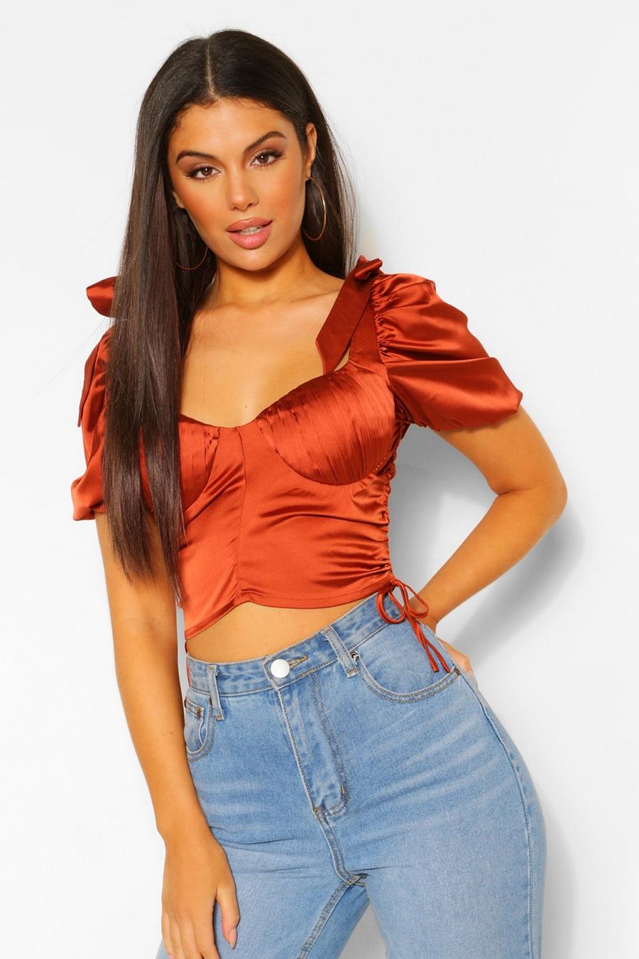 Copper Satin Ruched Puff Sleeve Corset Top image number 1