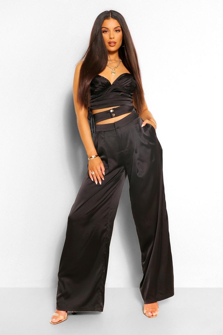 Black Satin Double Waistband Wide Leg Trousers image number 1