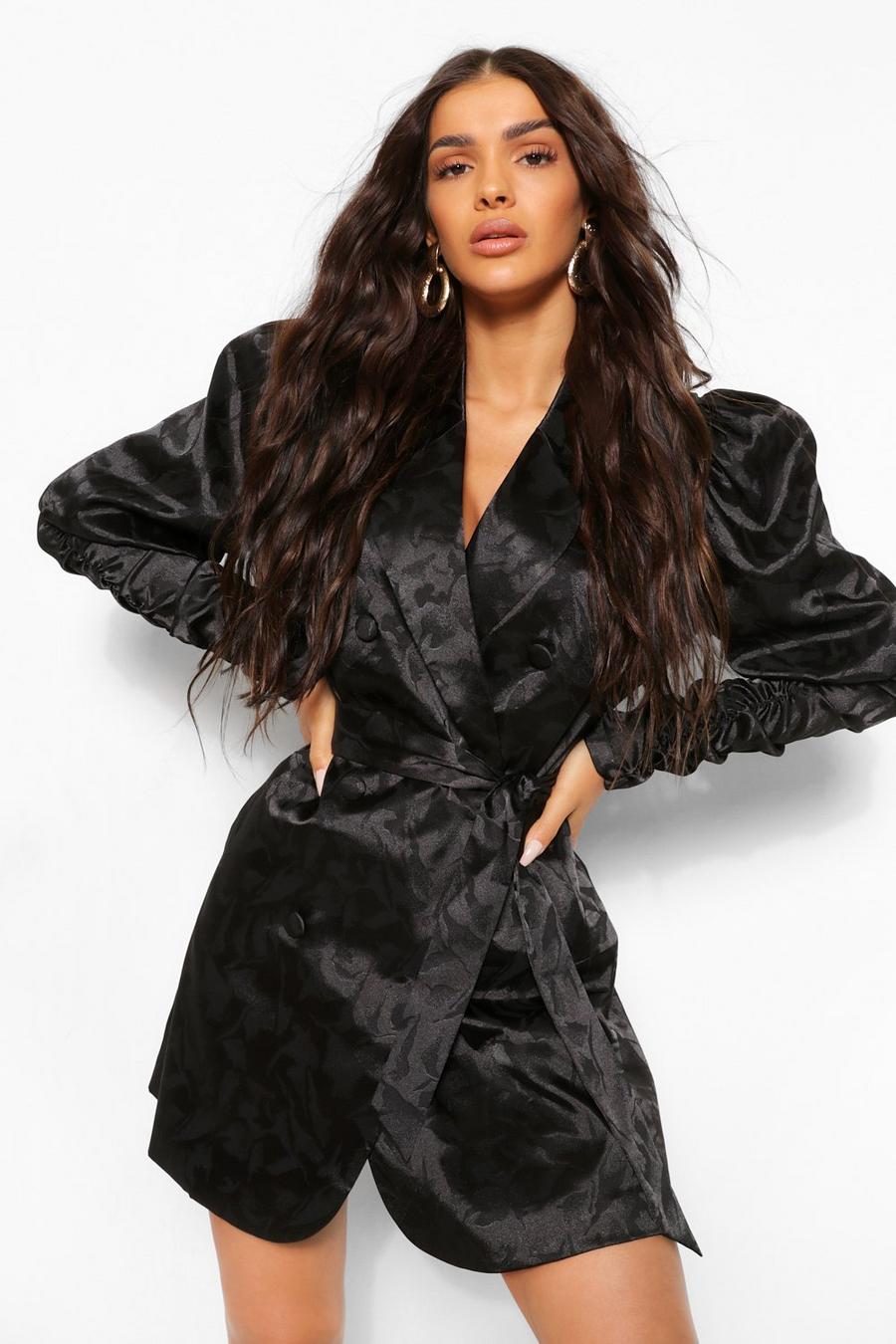 Black Satin Jacquard Ruched Sleeve Blazer Dress image number 1