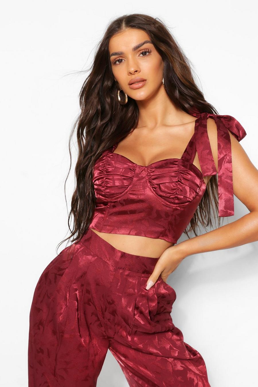 Burgundy Satin Jacquard Ruched Cupped Corset Top image number 1