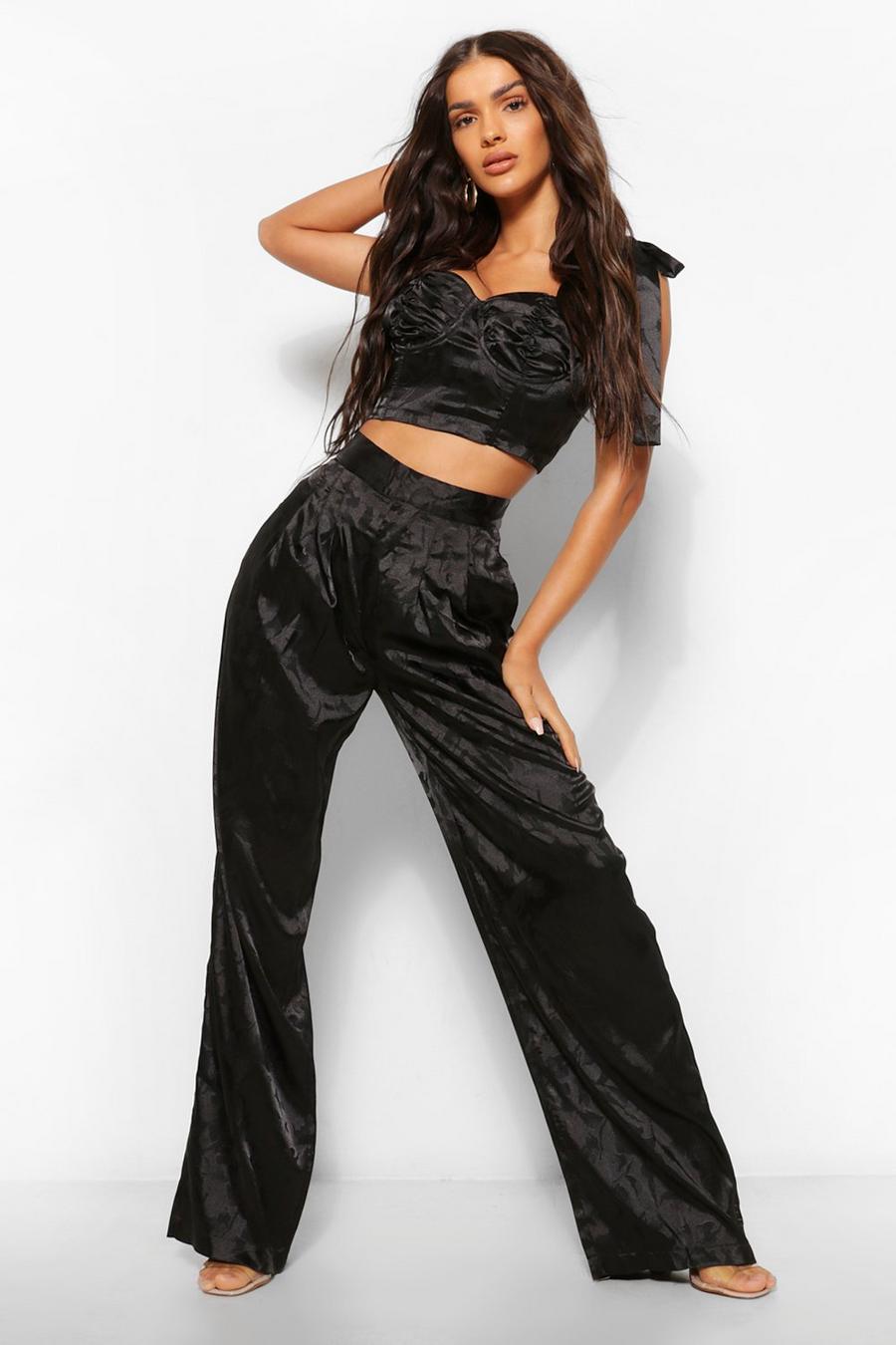 Black Satin Jacquard High Waisted Wide Leg Trousers image number 1