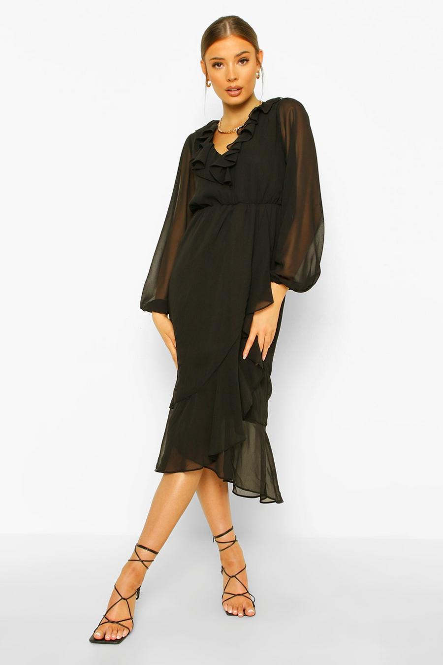 שחור שמלת מידקסי עם מלמלה ומחשוף בעיצוב מנעול image number 1