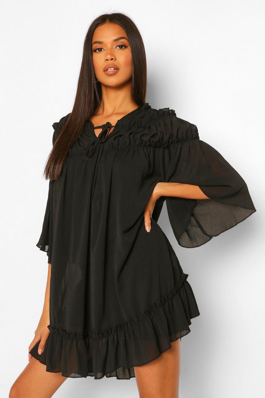 שחור שמלת סמוק מבד שיפון עם מלמלה image number 1