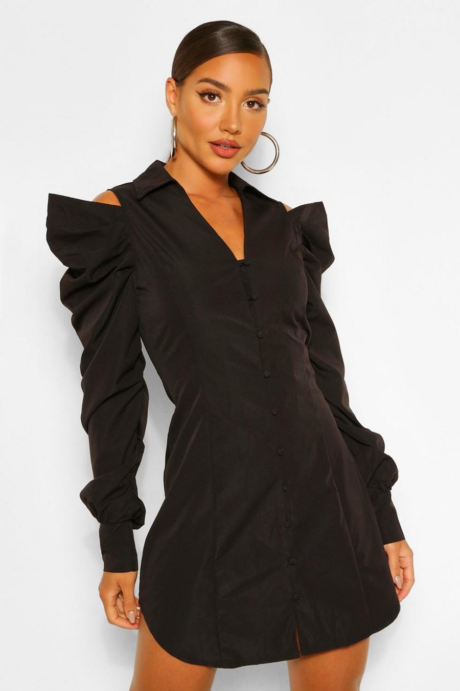 Blusenkleid mit ausgeschnittenen Schultern und Rüschenärmeln, Schwarz image number 1