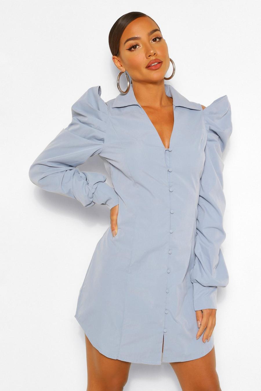 Blusenkleid mit ausgeschnittenen Schultern und Rüschenärmeln, Blau image number 1