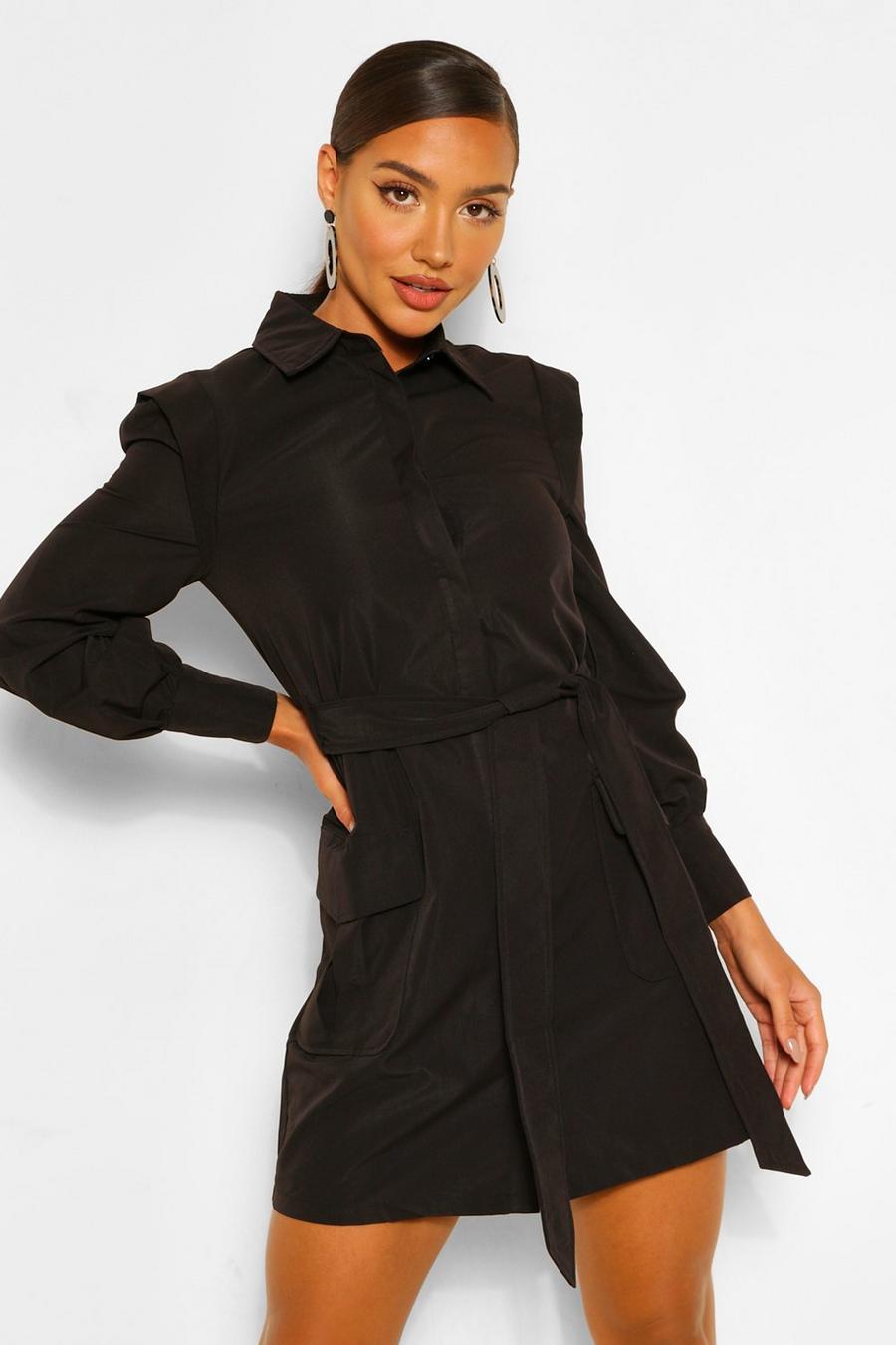 שחור שמלת שיפט מחויטת ומשוחררת עם חגורה ועיטור בכתפיים image number 1