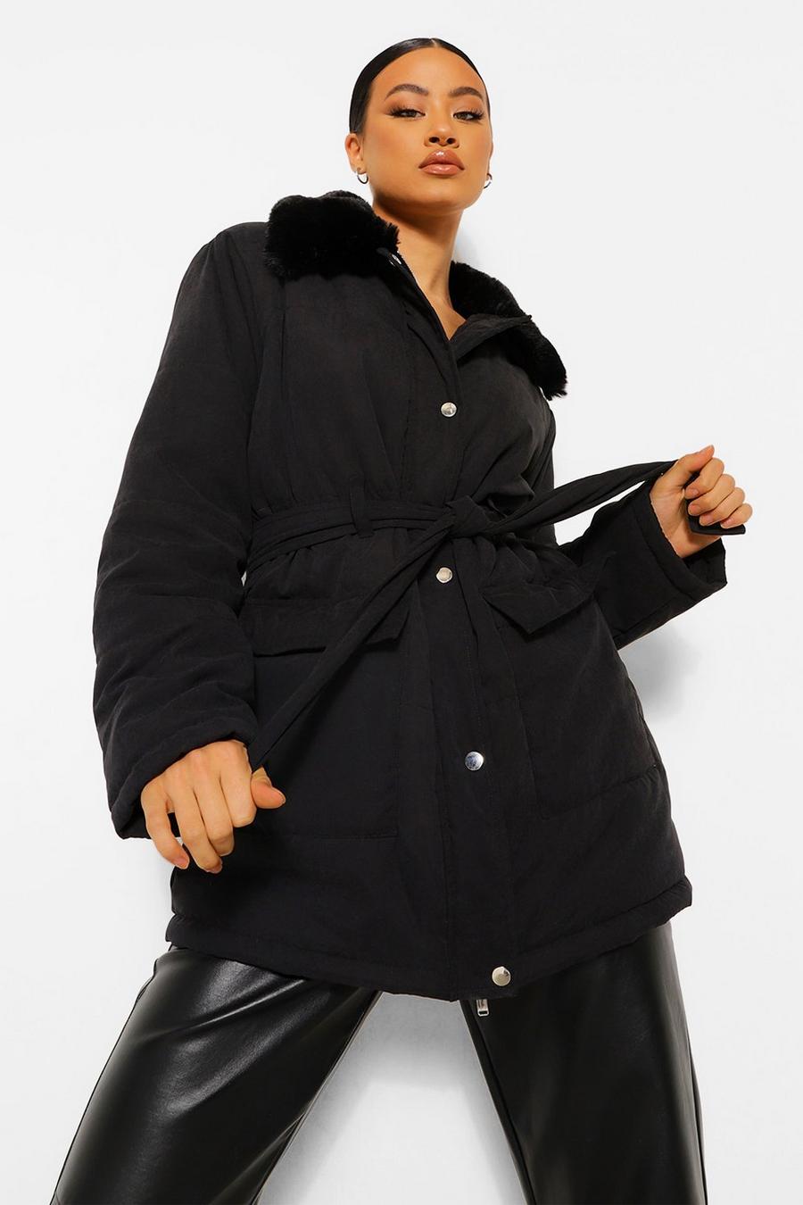 Black Faux Fur Collar Belted Puffer Jacket image number 1