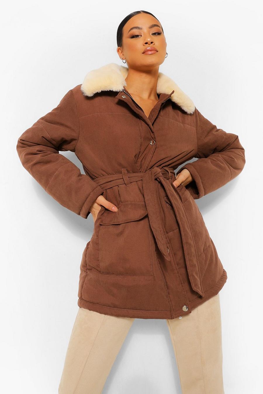 Chocolate Faux Fur Collar Belted Puffer Jacket image number 1