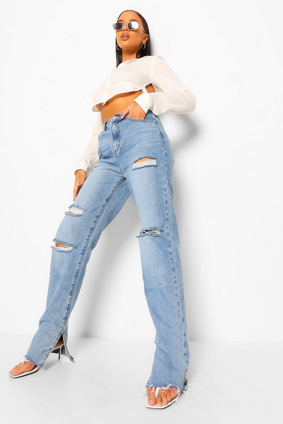 Jeans im Destroyed-Look mit geschlitztem Saum, Blau image number 1