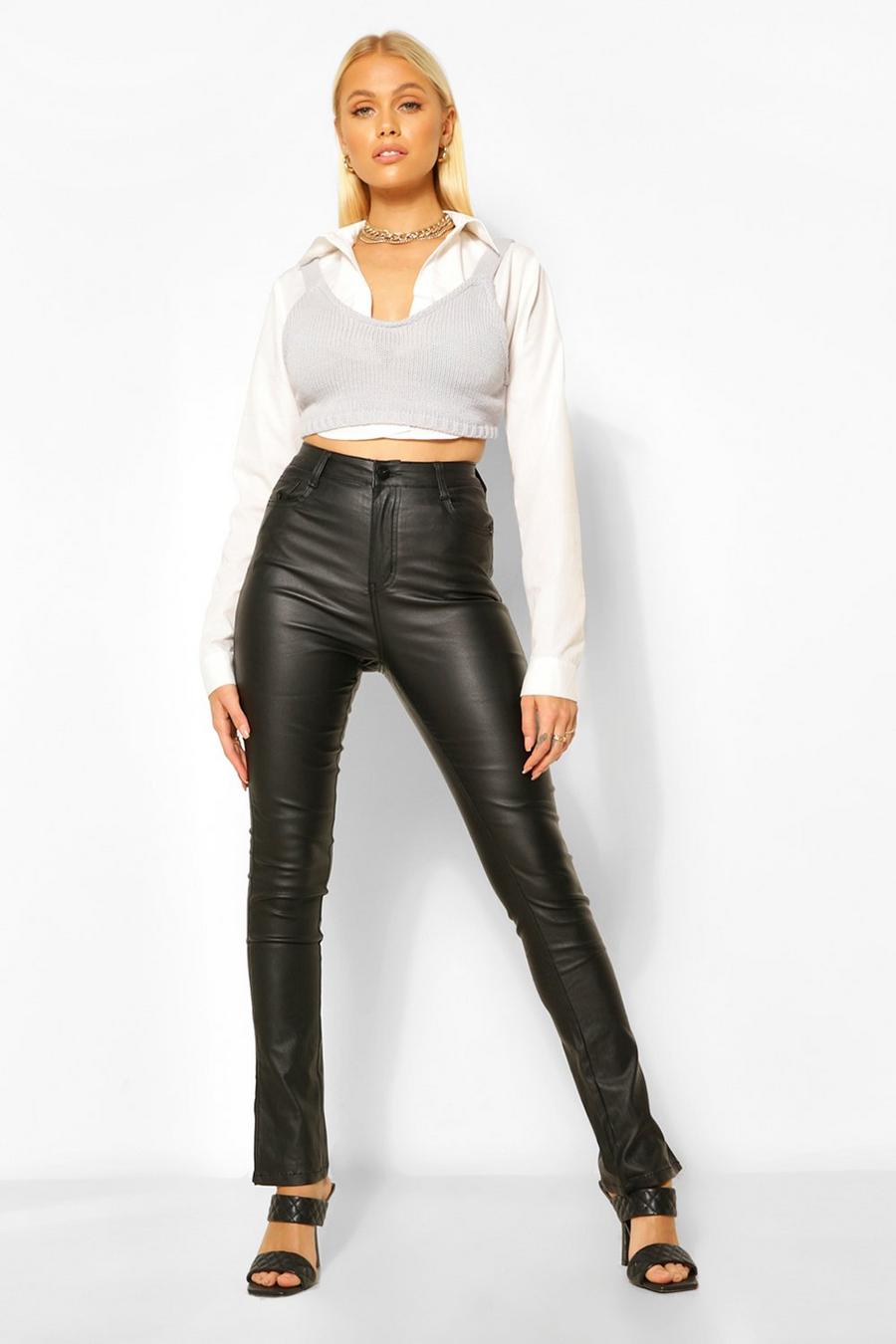 Coated Faux Leather Pants With Side Split Hem image number 1