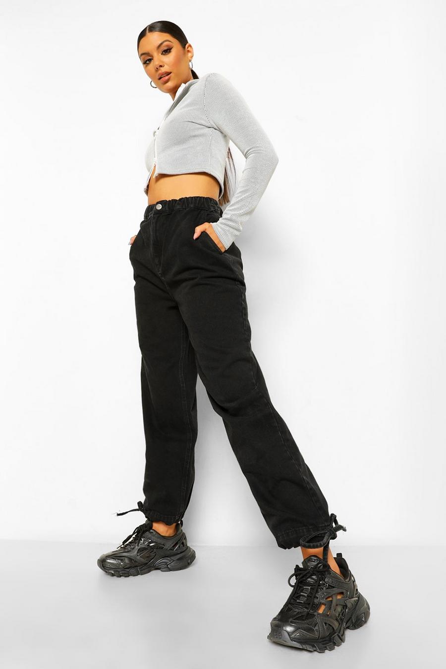 שחור מכנסי ריצה מבד ג'ינס עם קשרים בחפתים image number 1