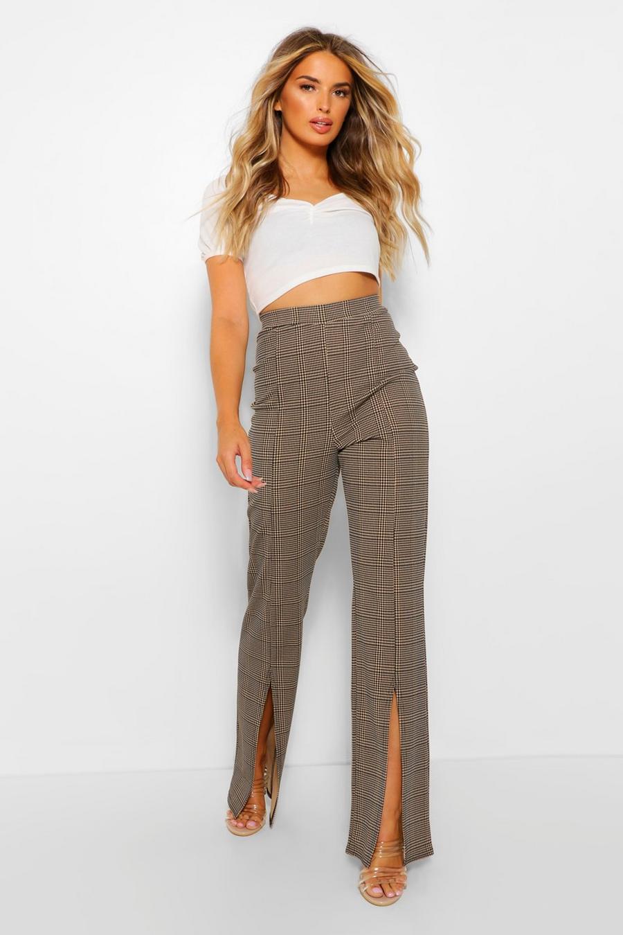 Camel Dogtooth Check Split Hem Fit And Flare Trousers image number 1