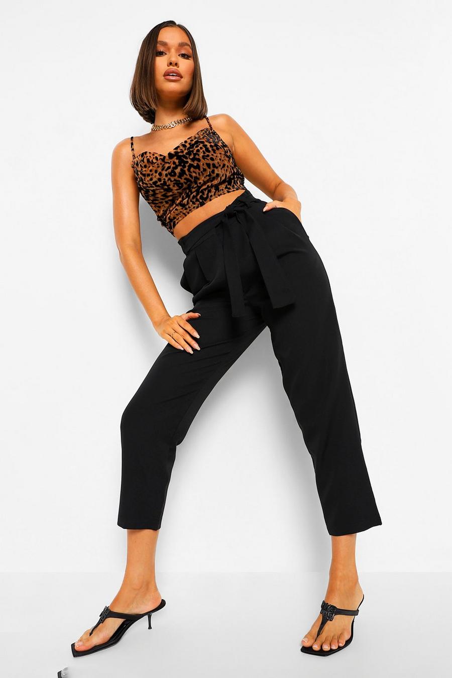 Black Tie Waist Pleat Front Turn Up Tailored Pants image number 1