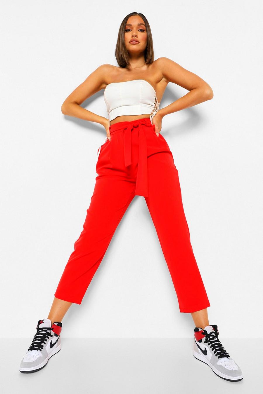 Red Tie Waist Pleat Front Turn Up Tailored Trousers image number 1