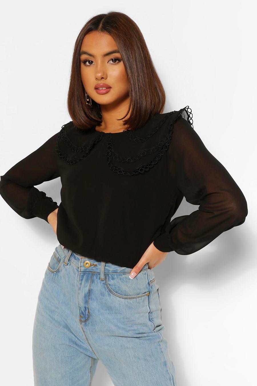 Black Woven Collar Sweater With Chiffon Sleeve image number 1