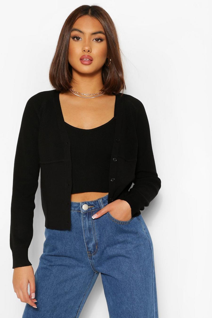 Black Compact Knit Cardigan And Bralet Co-ord image number 1