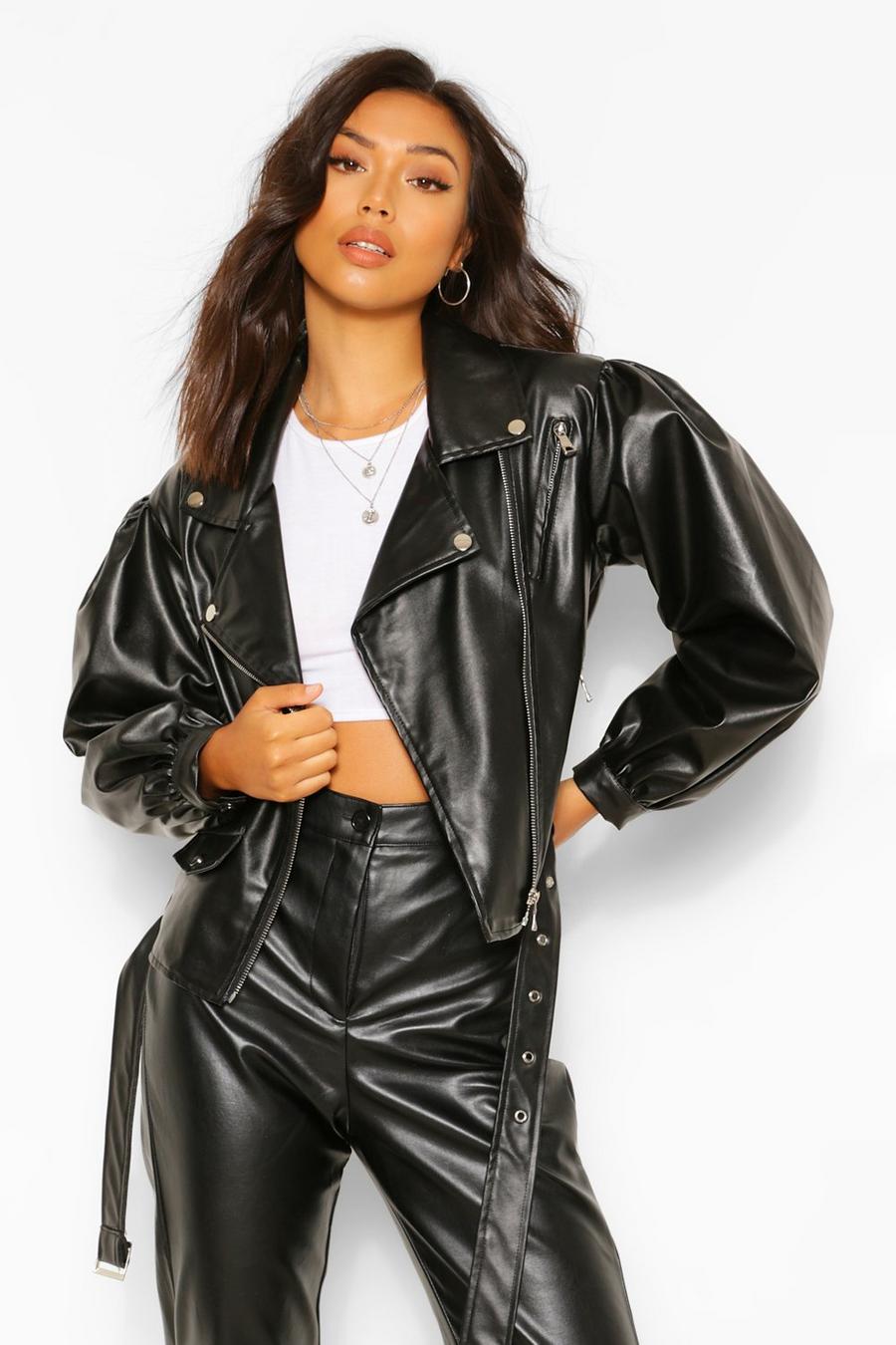 Black Oversized Sleeve Faux Leather Jacket image number 1