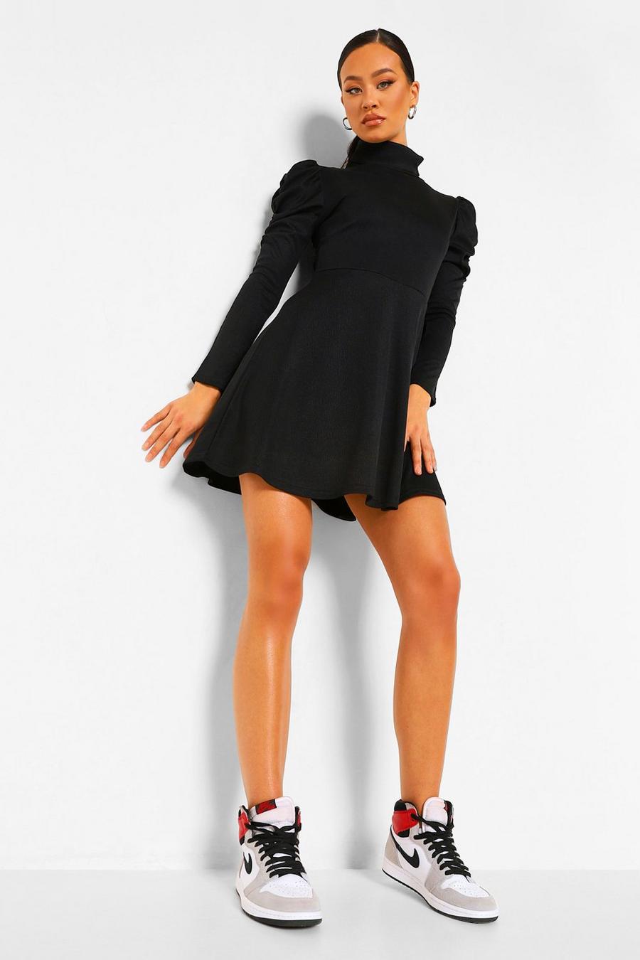 שחור שמלת סקייטר ארוגה עם קפלים בשרוולים image number 1