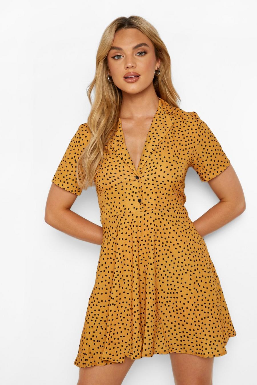 Mustard jaune Polka Dot Shirt Style Skater Dress