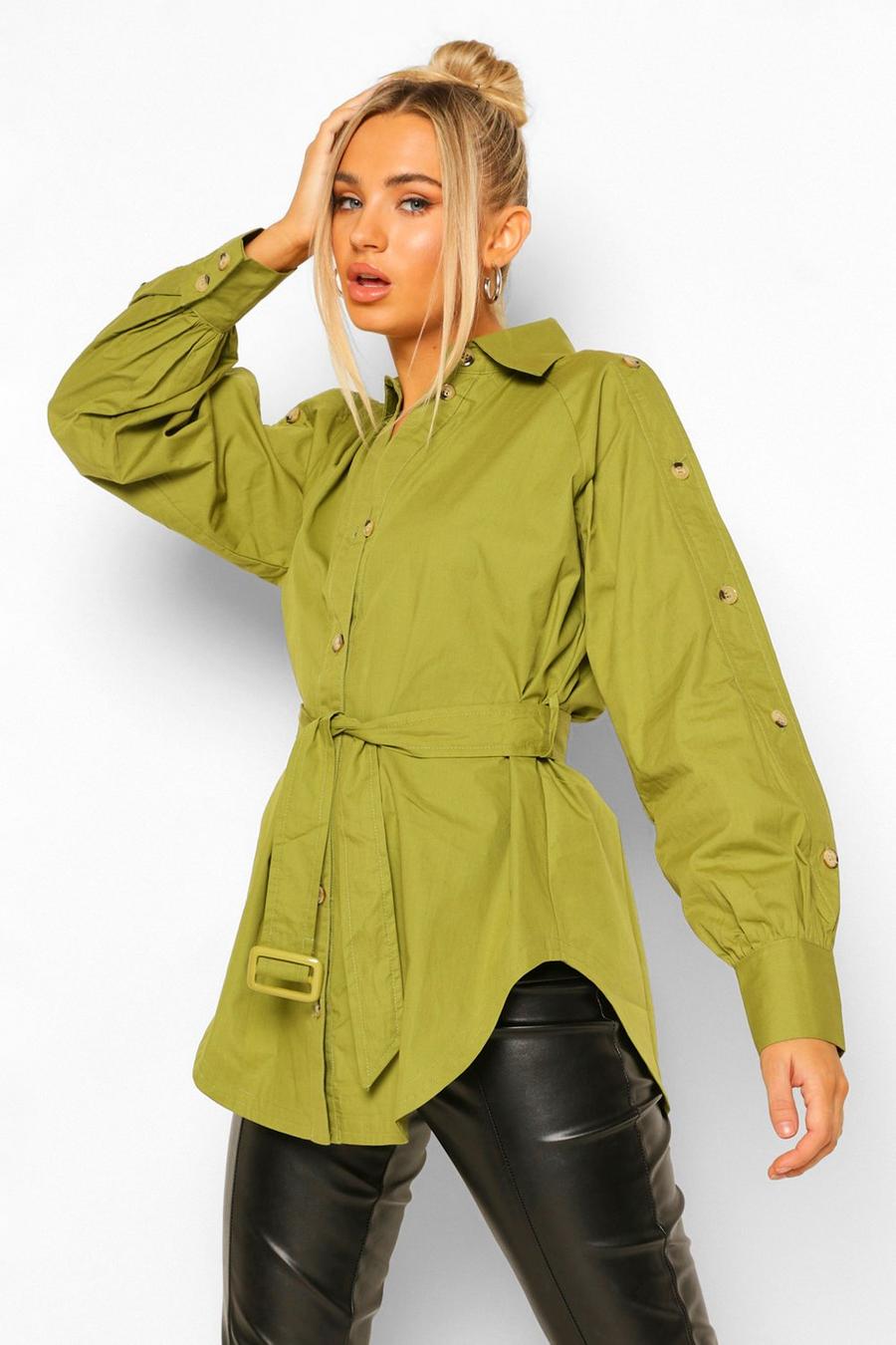 Camicia in misto cotone con cintura e maniche con bottoni, Verde oliva image number 1