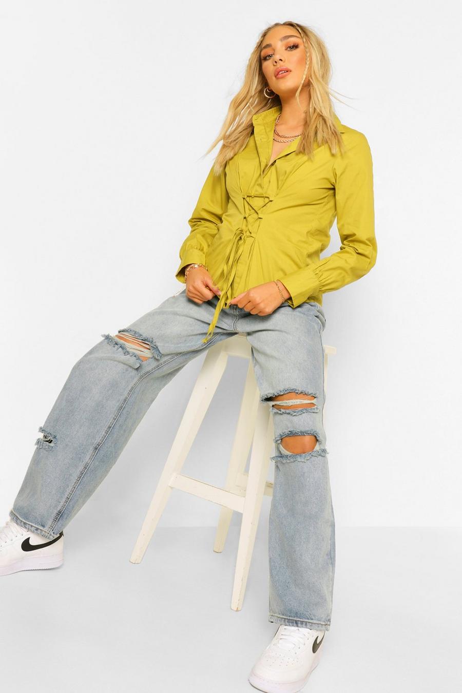 Camisa con cintura con cordones y mezcla de algodón, Verde amarillo image number 1