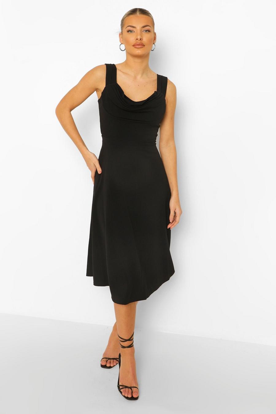 שחור שמלת סקייטר מידי עם מחשוף עם קפלים image number 1