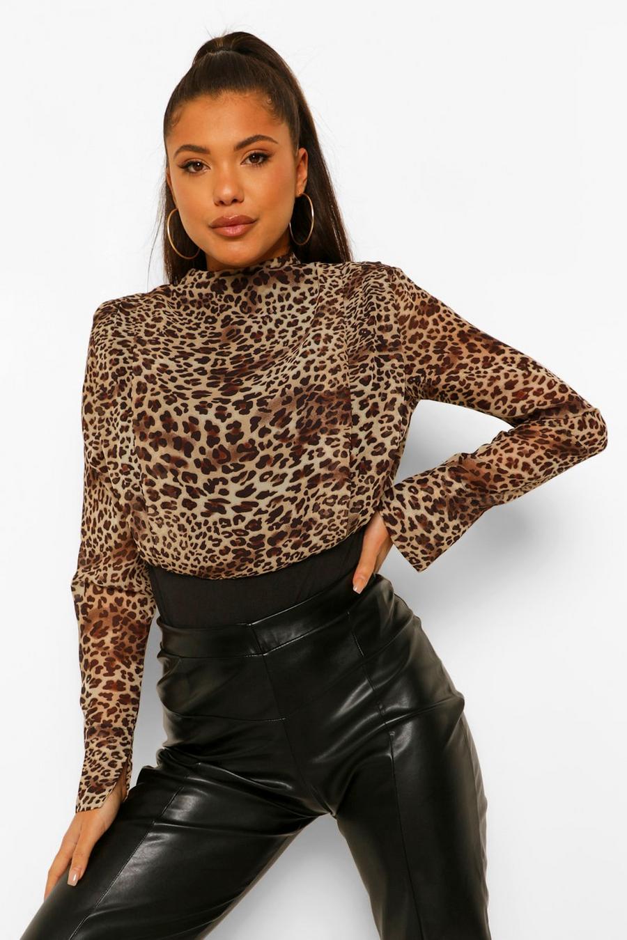 Body léopard en mousseline de soie à épaulettes, Brown image number 1