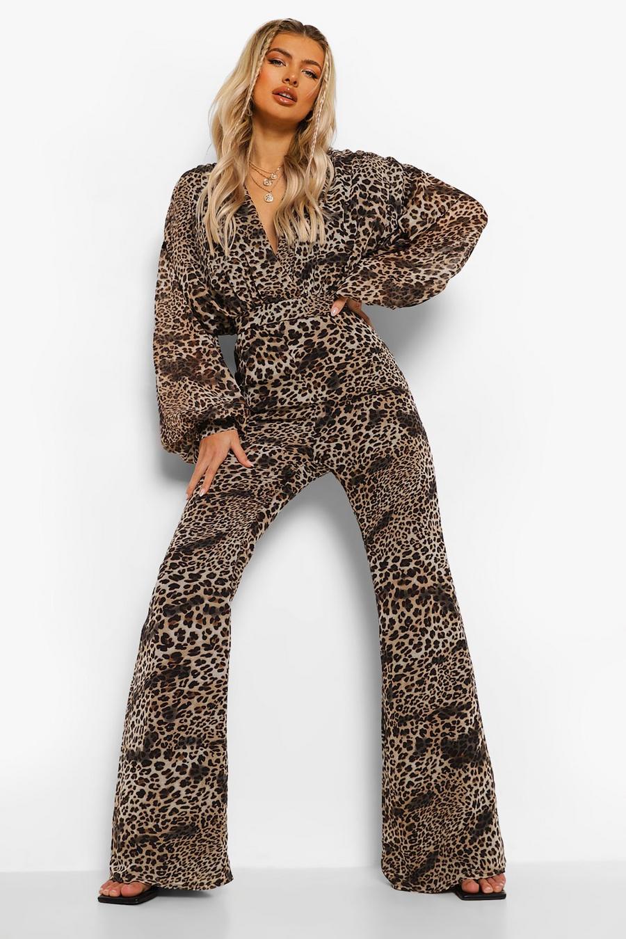 Brown Leopard Print Chiffon Wrap Wide Leg Jumpsuit image number 1