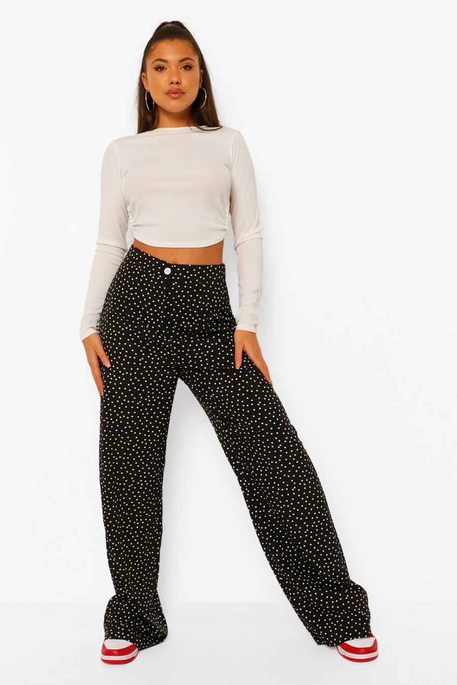 Black Polka Dot High Waisted Wide Leg Trousers image number 1