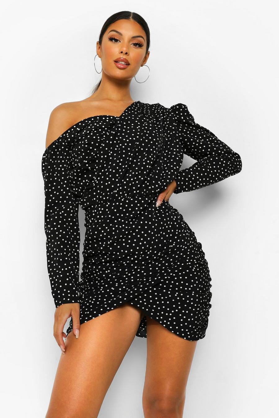 Black Polka Dot Ruched Asymmetric Dress image number 1