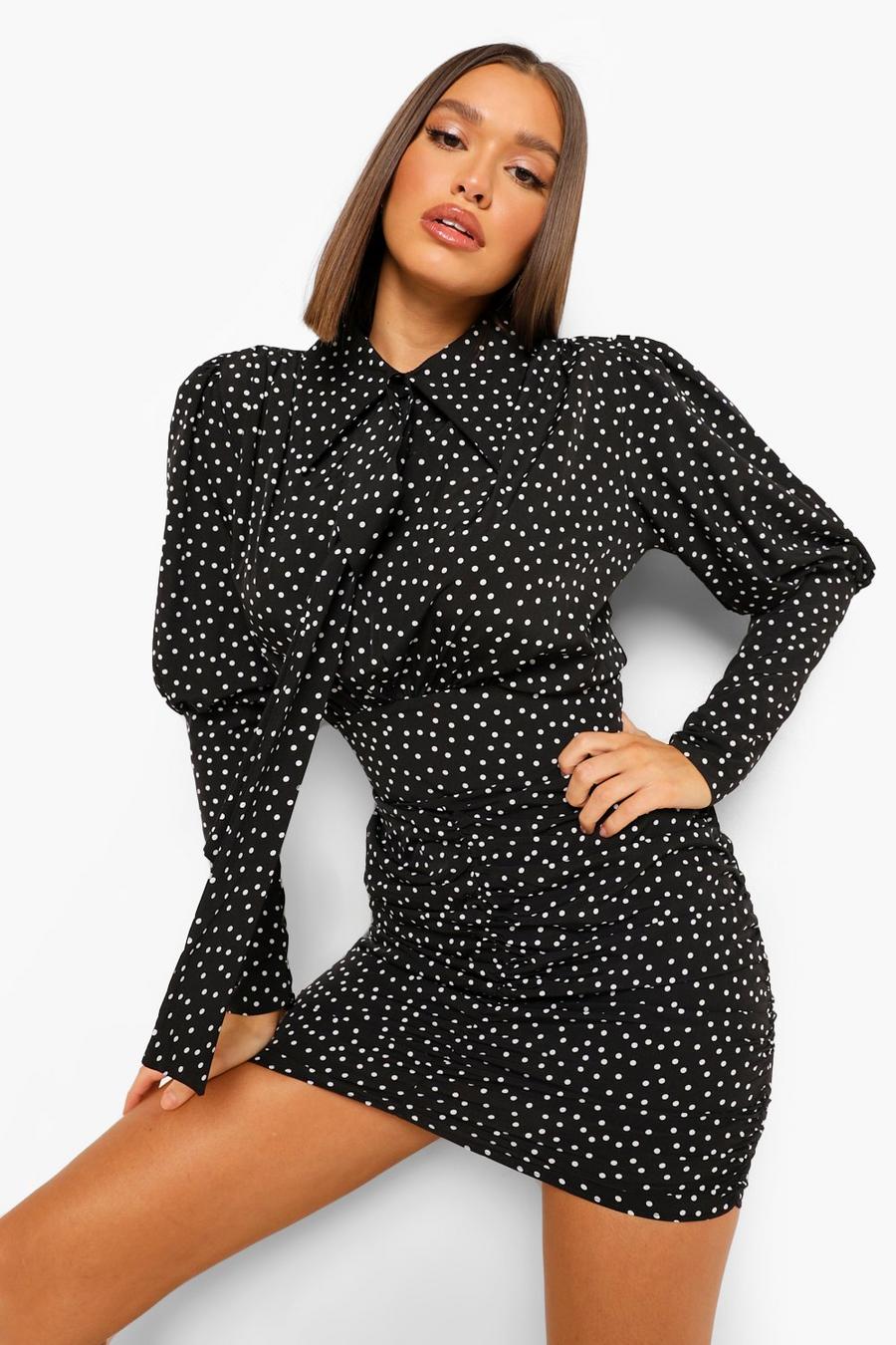 Polka Dot Pussy Bow Ruched Mini Dress, Black image number 1