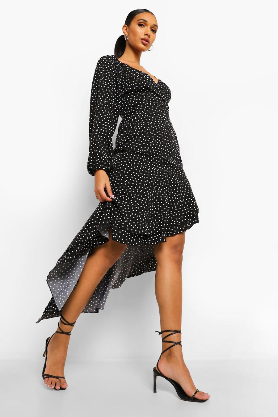 Black Polka Dot Frill Hem Asymmetric Midi Dress image number 1