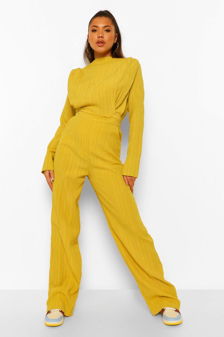 Chartreuse yellow Textured High Waisted Wide Leg Pants