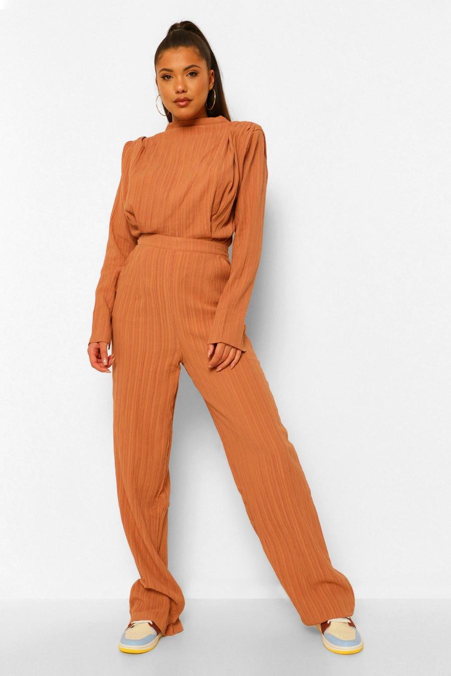 Rust orange Textured High Waisted Wide Leg Trousers