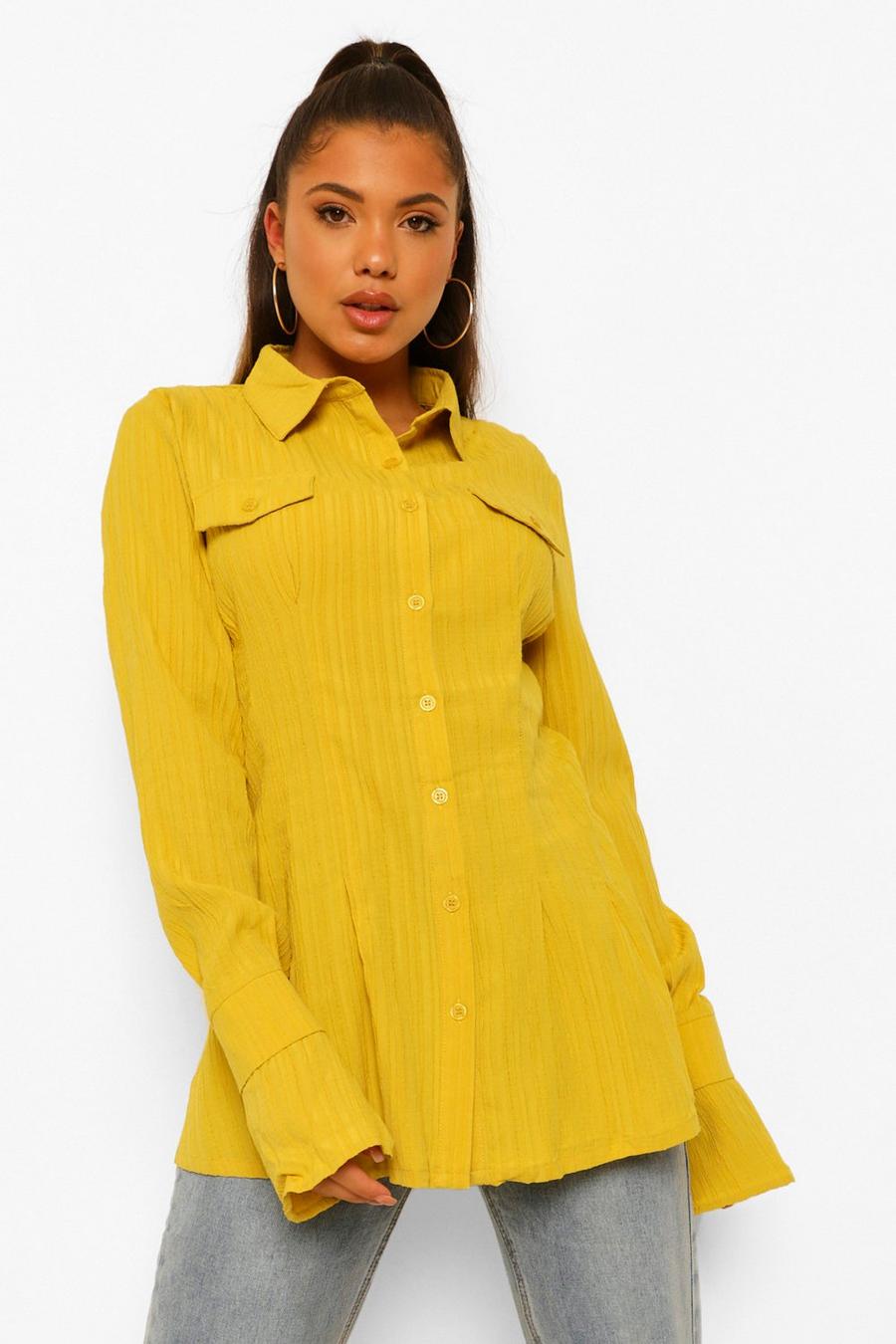 Camisa con cintura ceñida y textura , Verde amarillo