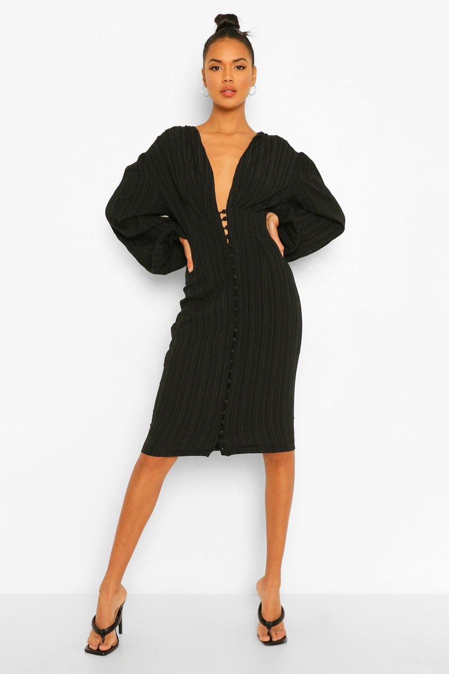 Black Textured Button Front Midi Dress image number 1