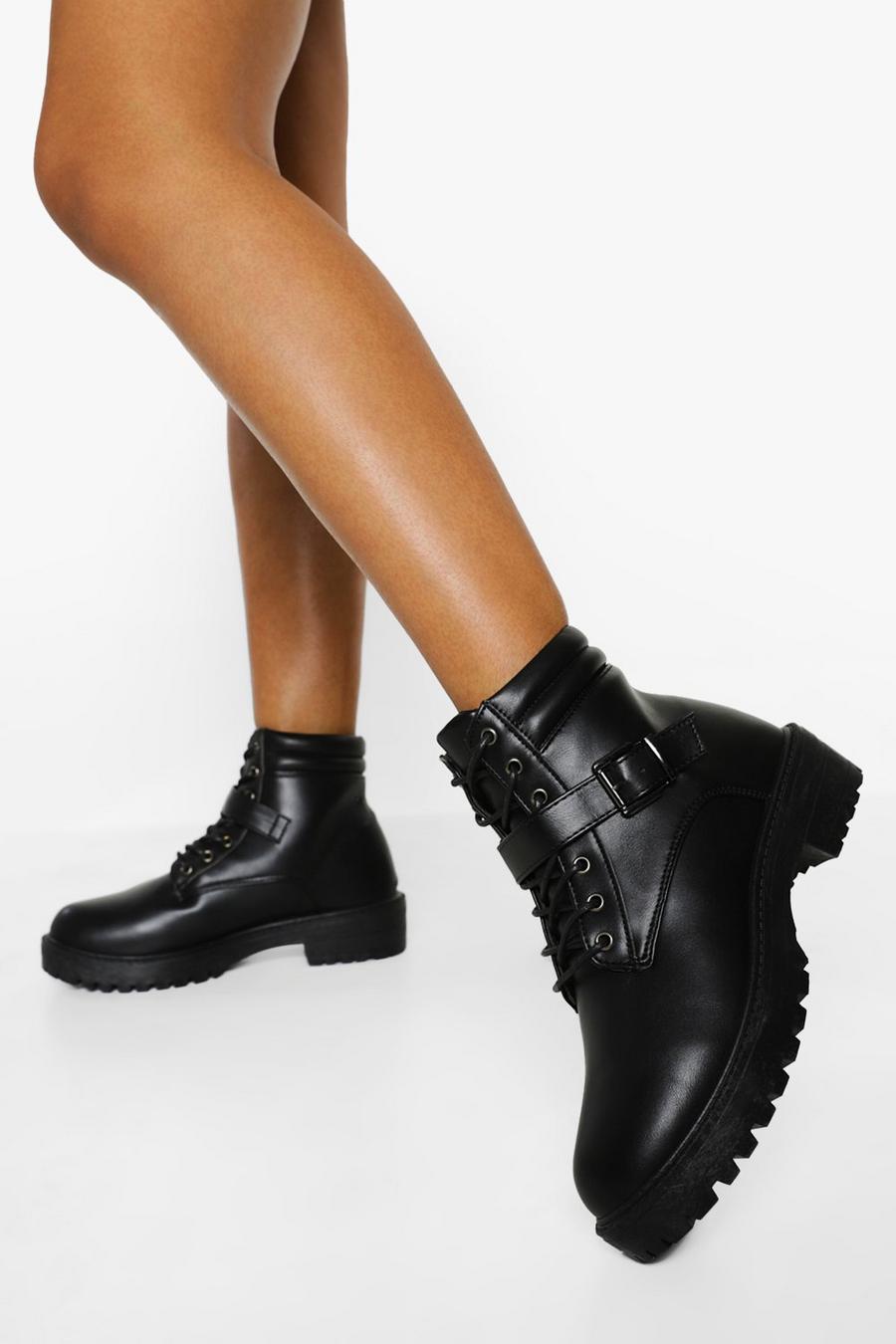 Black Buckle Detail Chunky Combat Boots image number 1