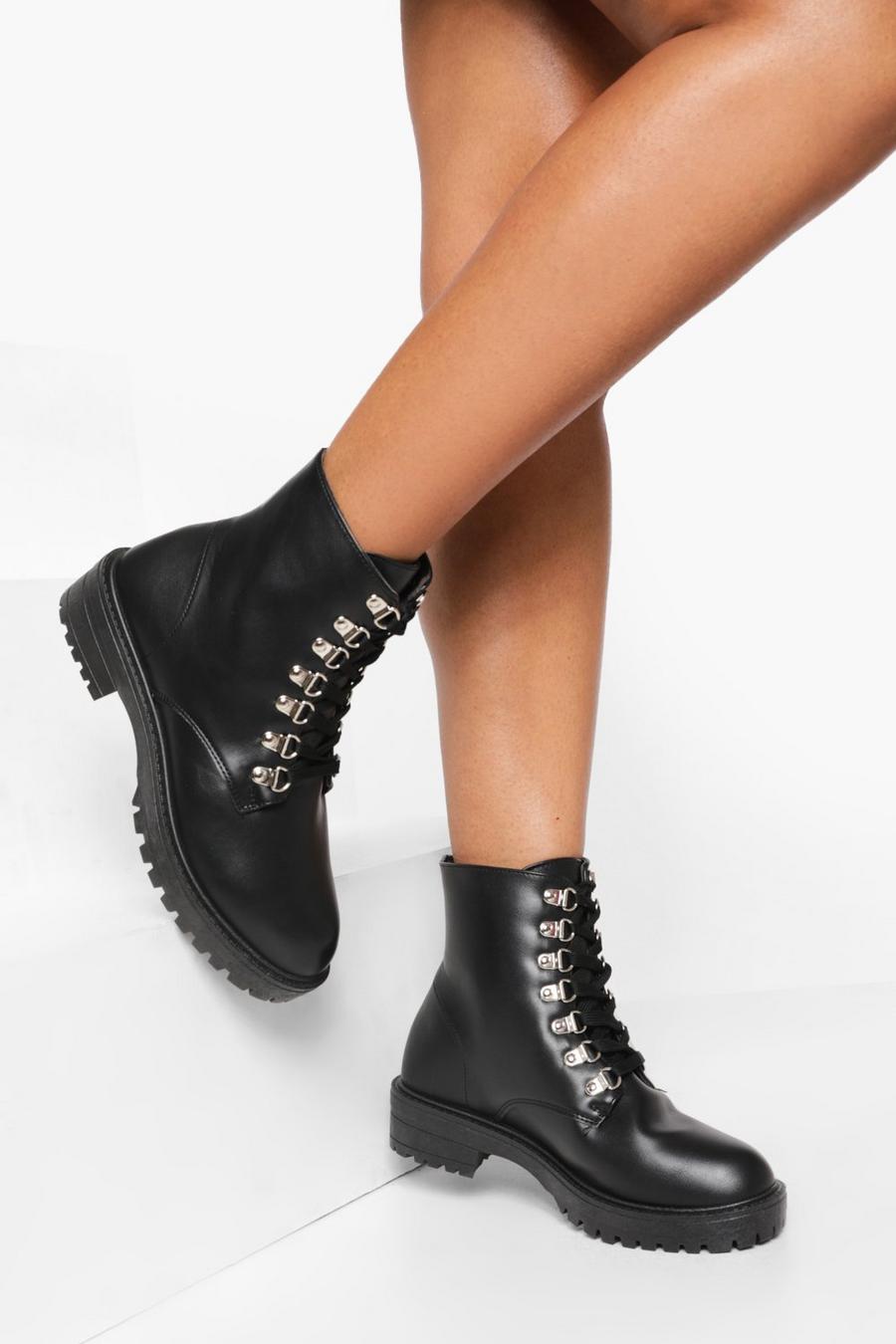 Black Lace up Chunky Hiker Boots image number 1