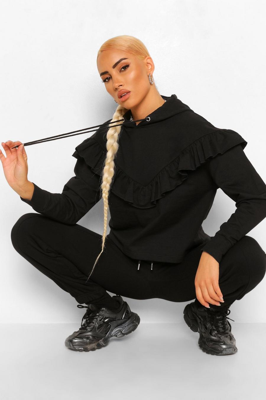 Black Oversize hoodie med volanger image number 1