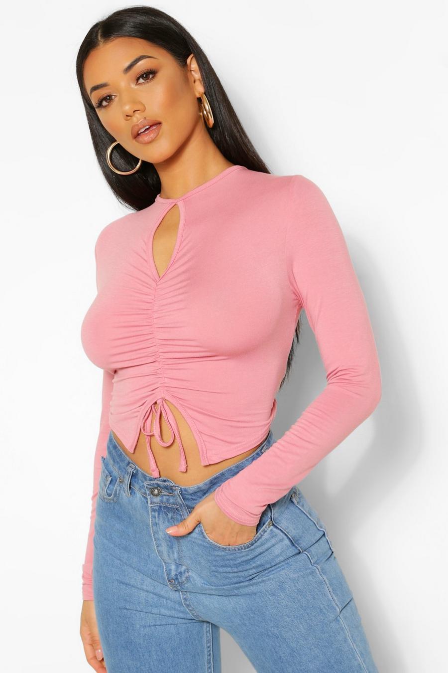 Dusty rose Ruched Front Cut Out Detail Ribbed Top image number 1