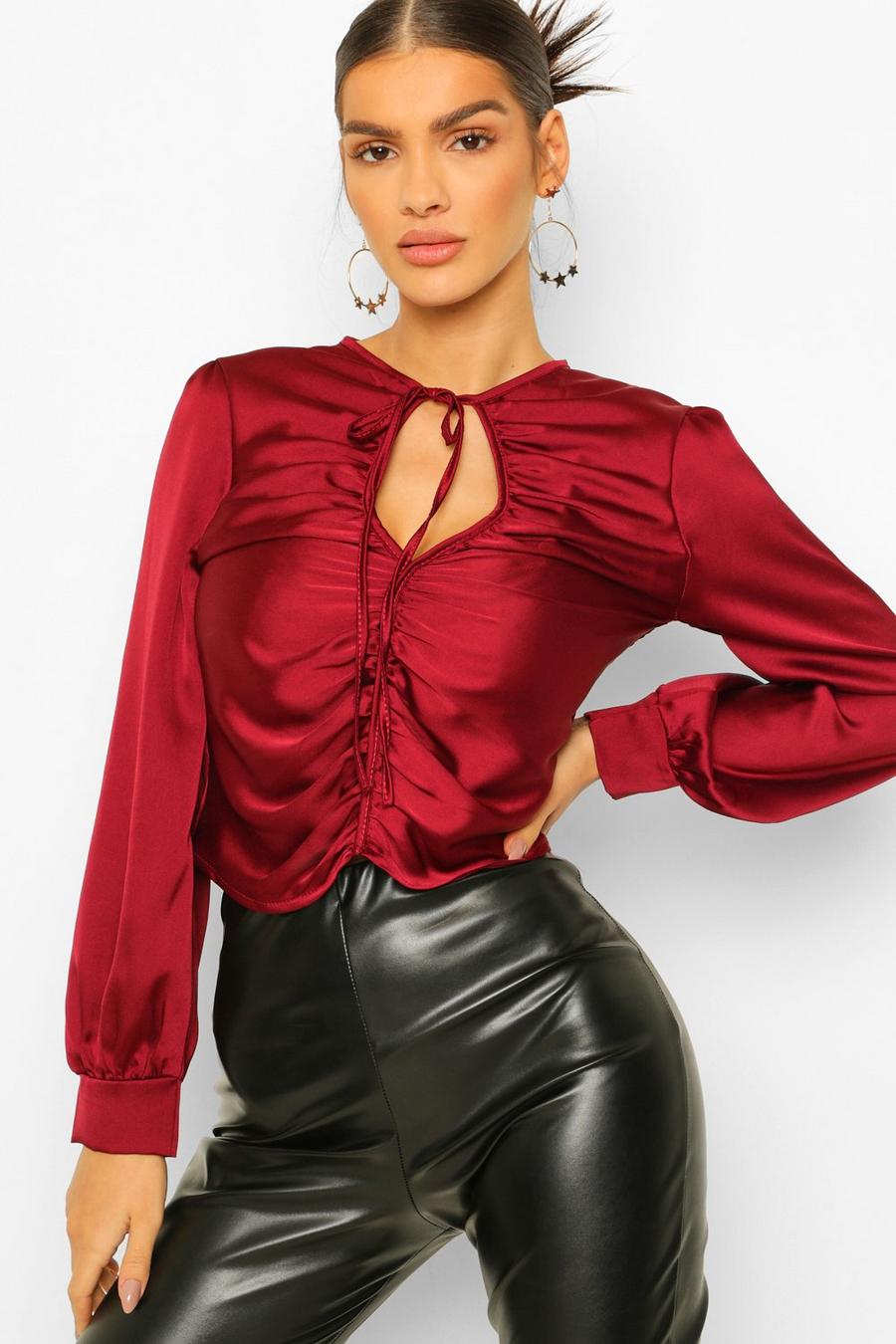 Berry Satin Ruched Keyhole Top image number 1